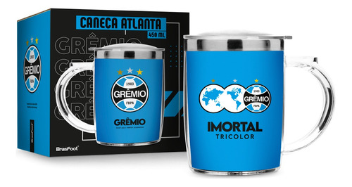 Caneca Viagem Plastica Inox 450ml Times - Gremio Tricolor Cor Azul