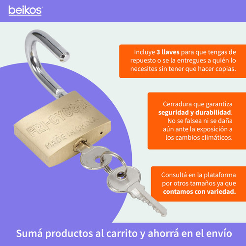 Candado Dorado 75mm Para Cofres Locker Valijas 3 Llaves Dorado