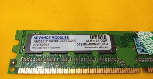 (1) Memória Advance De 512 Mb Ddr Pc-3200 Mhz # Raridade (Usado)