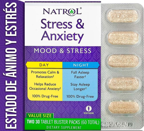 Natrol Stress & Anxiety Alivio Estrés Y Ansiedad 60 Tabletas Sabor Sin sabor