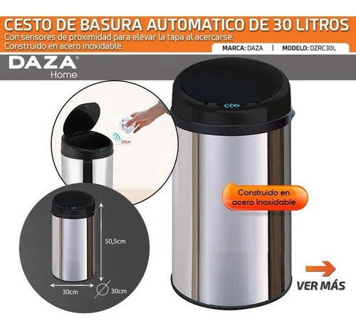 Imagen 2 de 7 de Tacho De Basura Automatico Daza Cesto Residuos 30 L C030l