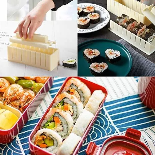 Kit completo de lujo para hacer sushi en casa, incluye 10 piezas de  plástico: 8 moldes de rollos de sushi de diferentes formas, tenedor y  espátula