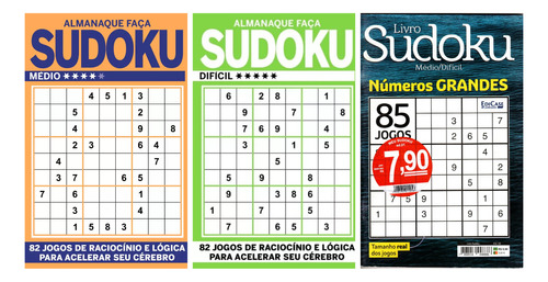 3 Livros Sudoku Só Números Grandes Médio/difícil 300 Páginas