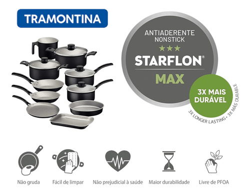 Jogo De Panela Tramontina Linz 10 Peças Conjunto De Alumínio Preto Com Revestimento Antiaderente Starflon Max Para Cozinha Completa Durabilidade Extra Turim Kit De Caçarolas E Panelas