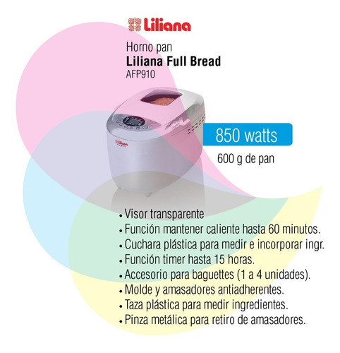 Imagen 2 de 10 de Horno Pan Liliana Full Bread Blanco 850w 220v Afp910