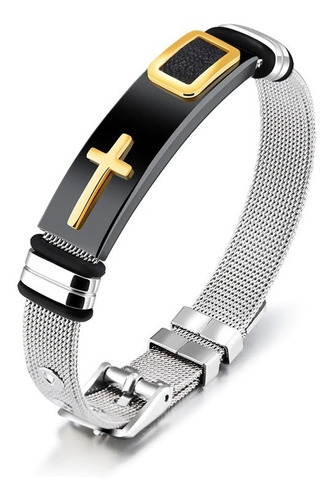 Pulsera De Hombre Ajustable Tipo Reloj Cruz Black Gold