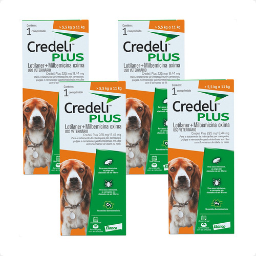4 Credeli Plus Elanco Para Cães De 5,5 A 11 Kg - 1 Comp