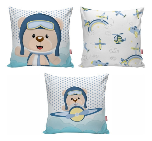 Kit 3 Almofada Quarto Ursinho Urso Aviador Com Enchimento Cor Azul-claro Desenho do tecido Decoração Quarto Criança Menino Infantil Azul Urso Ursinho Aviador Avião Nuvem