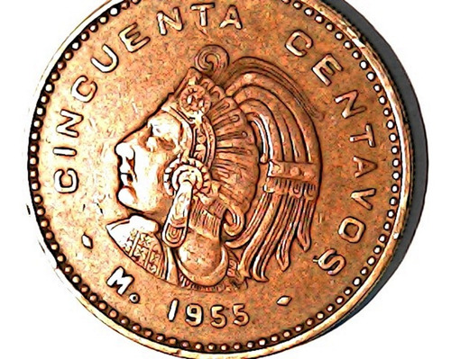 Moneda Antigua 50  Centavos Cobre Cuauhtemoc  1955
