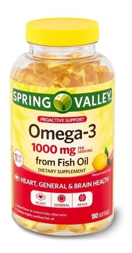 Omega-3 1000mg 180 Capsulas Fish Oil Spring Valley Salud Sabor Sin sabor
