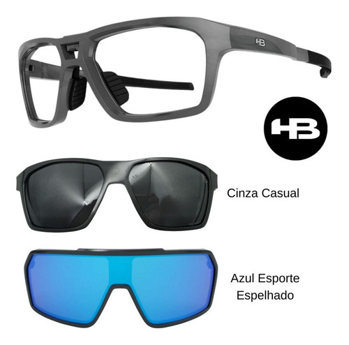 Oculos Hb Presto Grafeno 010399 Com 2 Clipons Cinza E Azul