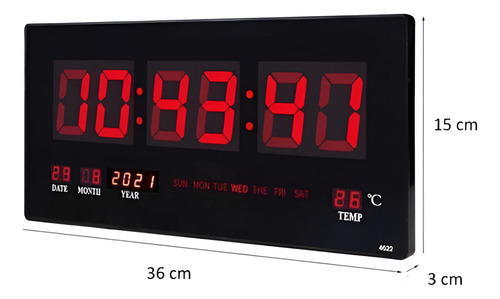 Reloj Digital Pared Luz Led Hora Fecha Temperatura 36x15cm