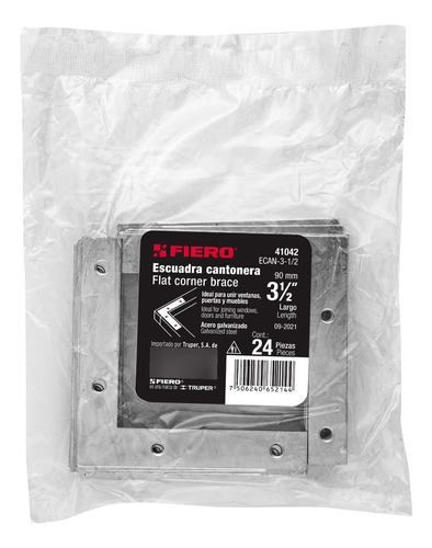 Escuadras Planas Cantoneras 3-1/2'x3-1/2' Bolsa C/24 Piezas