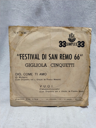 Vinil Compacto Sanremo 66 Gigliola Cinquetti Dio Come Ti Amo Disco Vinil (Usado)