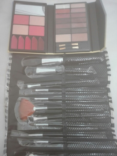 Set Paleta Sombras Rubor Maquillaje + 12 Pinceles Brochas