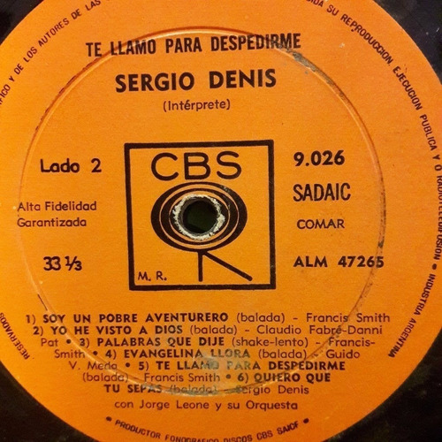 Sin Tapa Disco Sergio Denis Te Llamo Para Despedirme M0