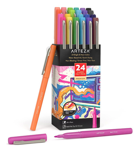 Felt Tip Pens, Set De 24, Colores Brillantes Y Neón, P...