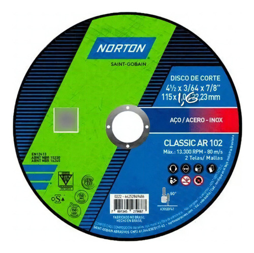 Disco De Corte Classic Norton 115x1.6x22.23mm Pack X 25 Uds
