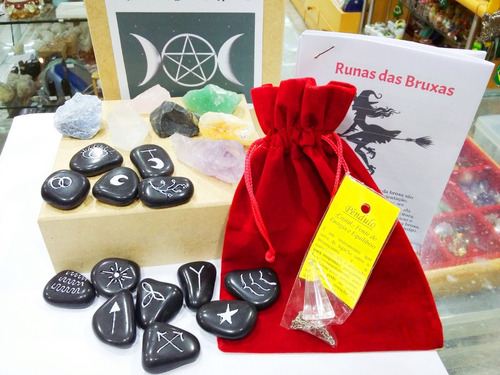 Kit Altar Wicca Bruxa 9 Itens Pedras Cristal Pêndulo Runas 