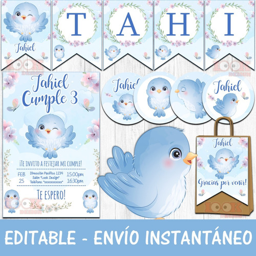 Kit Imprimible Candybar Pajarito Nene Celeste 100% Editable