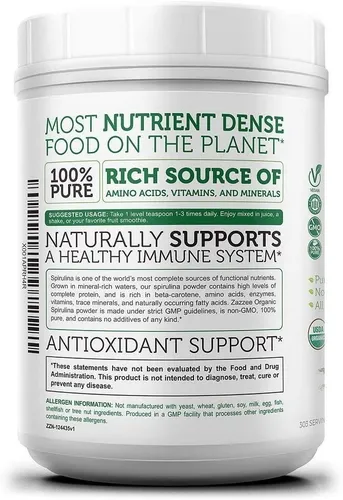 Zazzee Usda Organic Spirulina Polvo 2.2 Lbs (1 Kg), 303 Porc