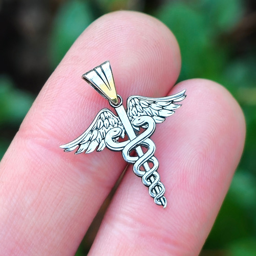 Dije Caduceo Esculapio Medicina Comercio En Plata 925 B - Tamaño 25x26mm