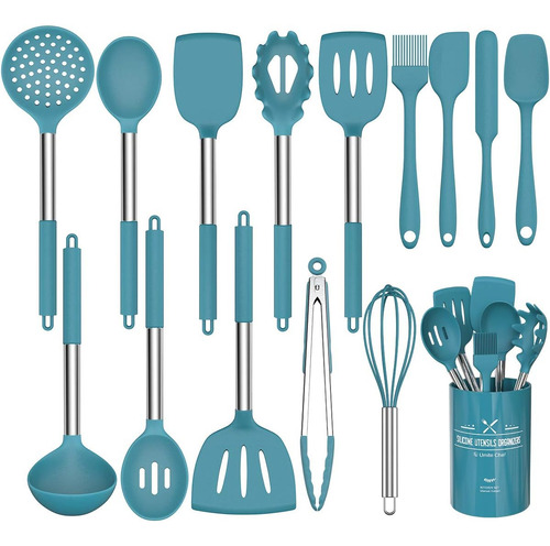 Juego 15 Utensilios Cocina Silicona, Mango Acero Inoxidable
