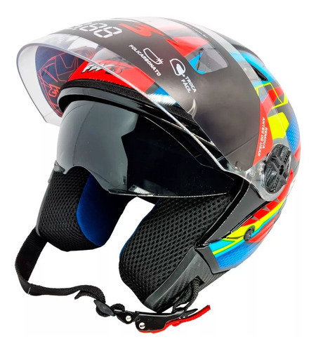 Capacete Moto Aberto X Open Up Fox Fw3 Oculos Interno Full Cor Laranja/Amarelo/Azul Tamanho do capacete 56