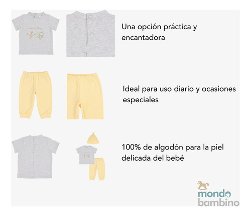Conjunto Pantalón Y Playera Con Gorro De Bebé Mondo Bambino Gris - Amarillo 12 M