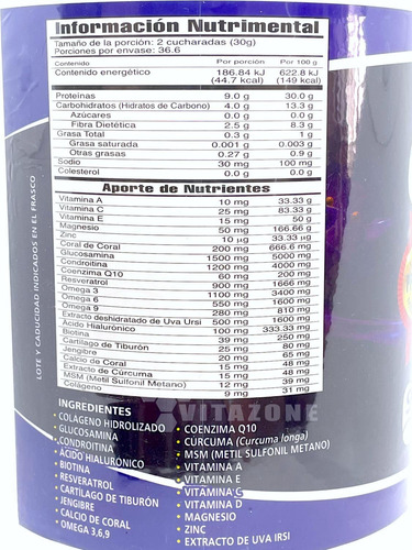 Imagen 2 de 6 de Colágeno Hidrolizado Glucosamina Biotina Uva 1.1 Kg
