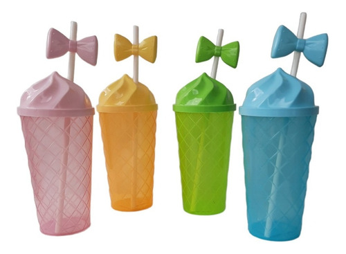 12 Vasos Plástico Tapa Y Popote Reusables Fiestas Dulceros