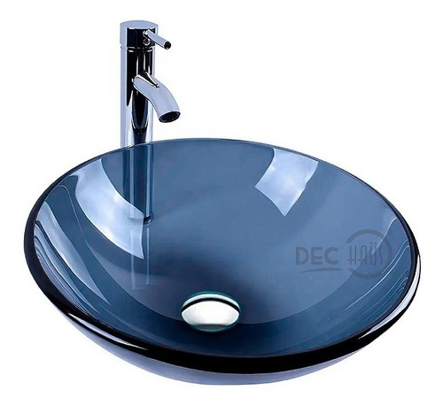 Lavamanos Vidrio Azul Traslucido+llave+desague Acero 42x14cm