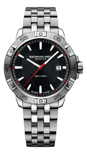 Reloj Raymond Weil Tango Cuarzo Esfera Negra Hombre Correa Plateado Bisel Plateado Fondo Negro