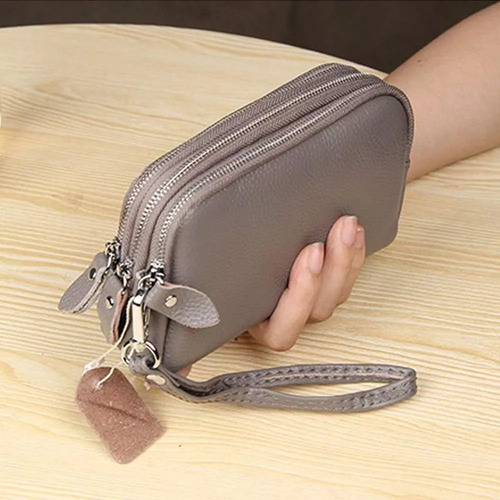 Cartera Larga De Piel Auténtica De 3 Capas Con Cierre