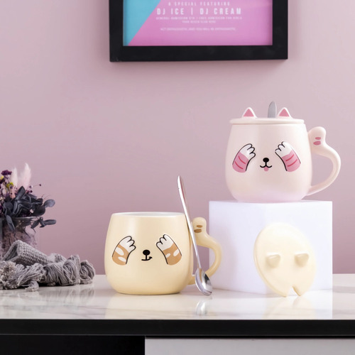 N Taza Para Café Kawaii Gato Con Tapa Cuchara Peek A Boo