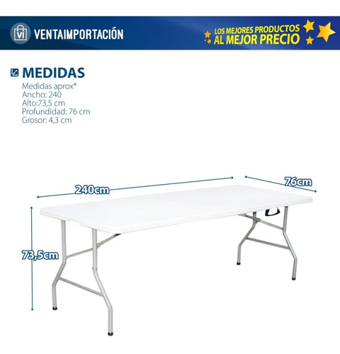 Imagen 4 de 5 de Mesa Plegable 240 Cm Reforzada Pvc Valija Camping Exterior