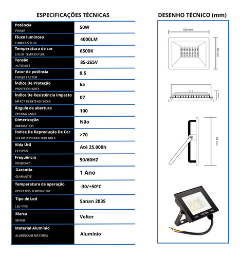 Refletor Led Aluminio 50w Bivolt Ip66 6500k Preto
