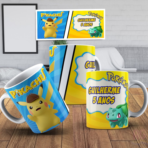 Caneca Aniversário Infantil Pikachu Detetive + Caixinha