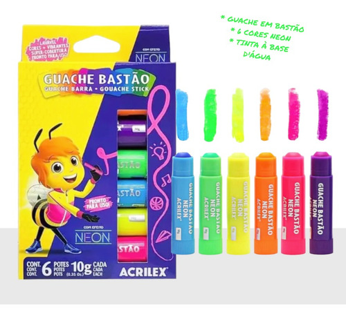 Tinta Guache Em Bastão C/ 6 Cores Neon - Acrilex