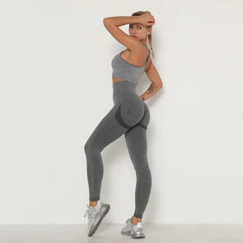 Conjunto Deportivo Lycra Push Up + Crop Top Gris Ref. 5055