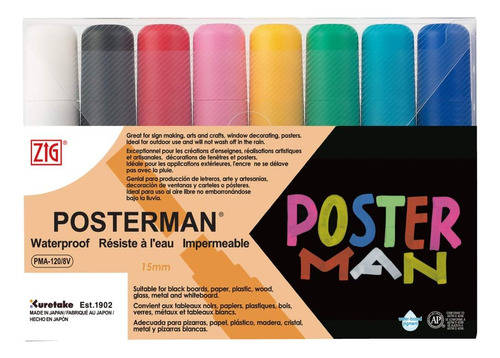 Kuretake Posterman & Broad 15mm Juego De 8 Colores, Certific