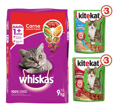 Alimento Gato Whiskas 9kg + Humedo Kitekat Carne Y Pescado