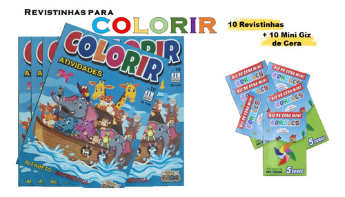 Kit 10 Revistinhas Colorir Animais + 10 Mini Giz De Cera 