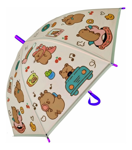 Paraguas Automático Infantil 76 Cm Kitty Kuromi Capibara Lila Carpincho