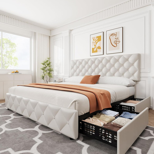 Base De Cama Idealhouse King Size Tapizada En Lino White
