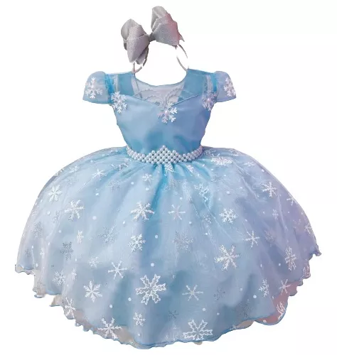 Vestido Infantil Frozen Princesas Com Cinto de Pérolas