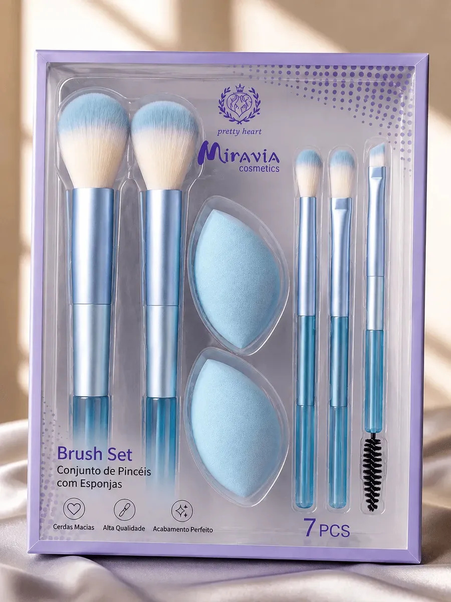 Kit Pincéis Maquiagem Profissional 7 Peças Com 2 Esponjas Azul