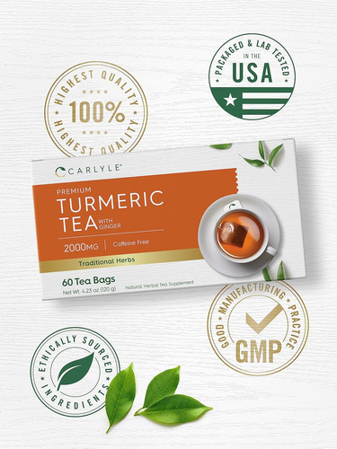 Té De Cúrcuma Con Jengibre | 60 Bolsitas De Té | Sin Cafeína