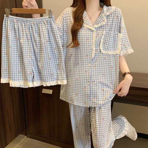 Conjunto De Pijama De Manga Corta De Tres Piezas De Encaje A