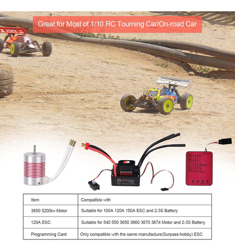 Coche Rc Escala 1:10 3650 5200kv Motor Sin Escobillas Y 120a